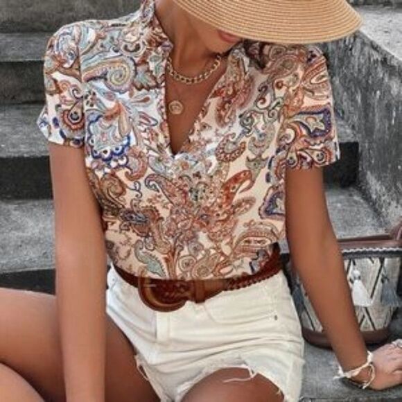 Boho Printed Paisley Floral Notched Neck Blouse - Picture 1 of 8